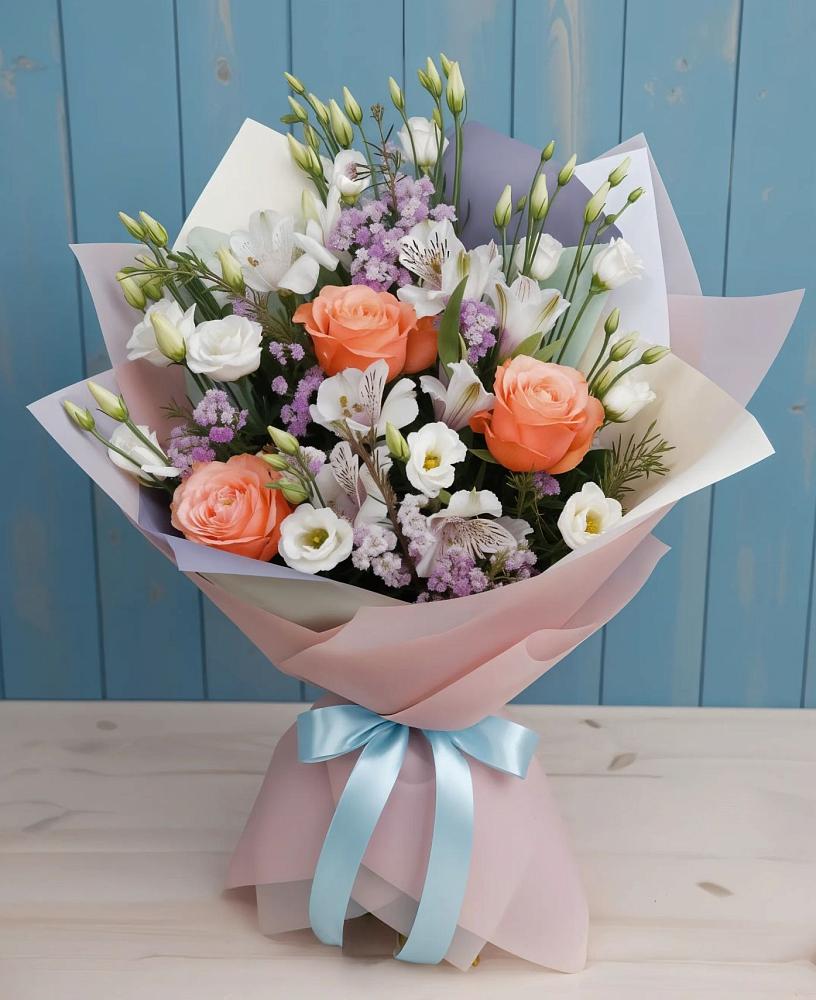 Букет цветов из: Лизиантусы, Розы, Альстромерии и Гипсофила в Зубутлях-Миатли